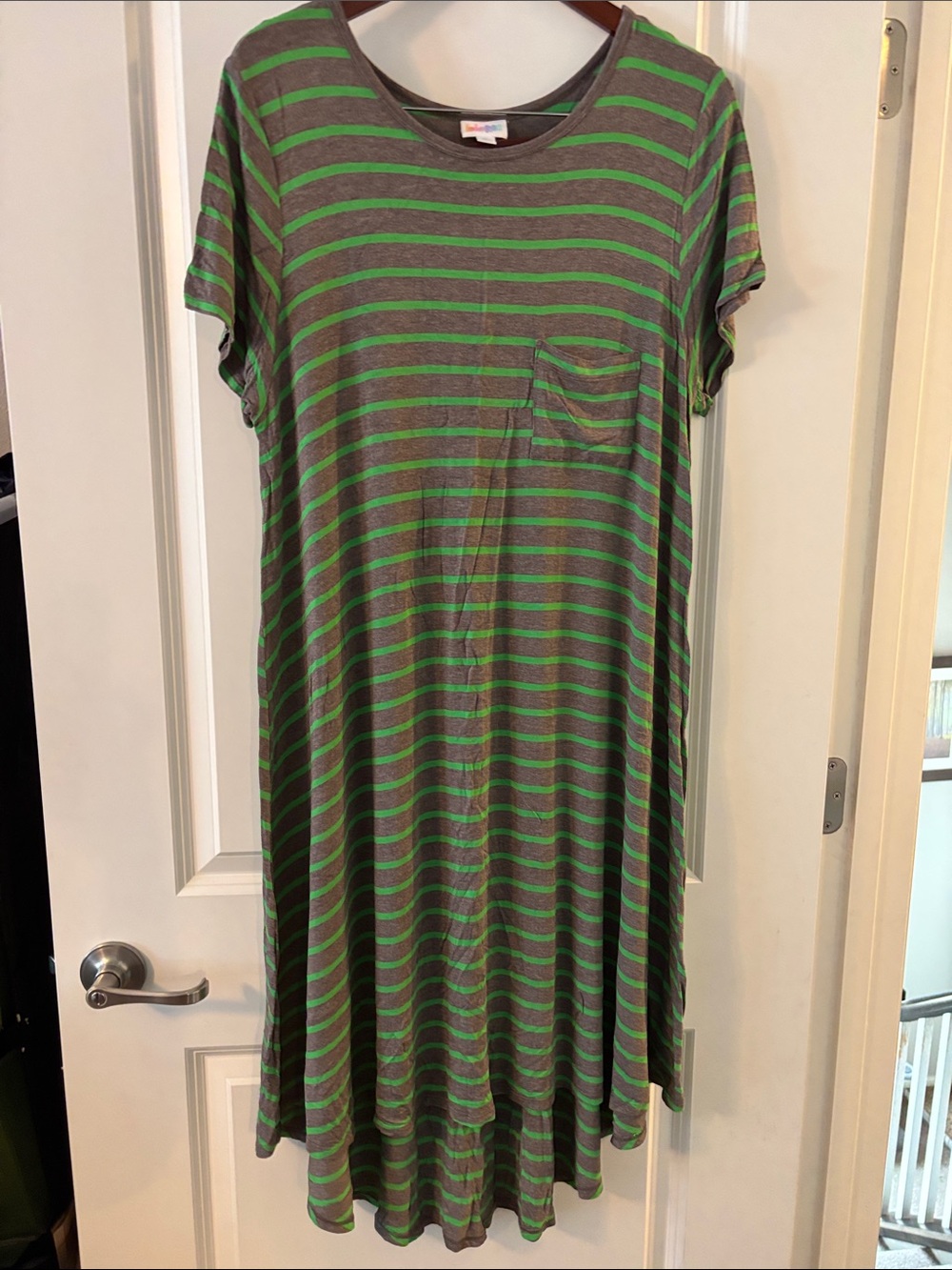 LuLaRoe Green and Gray Striped High-Low Carly Dress